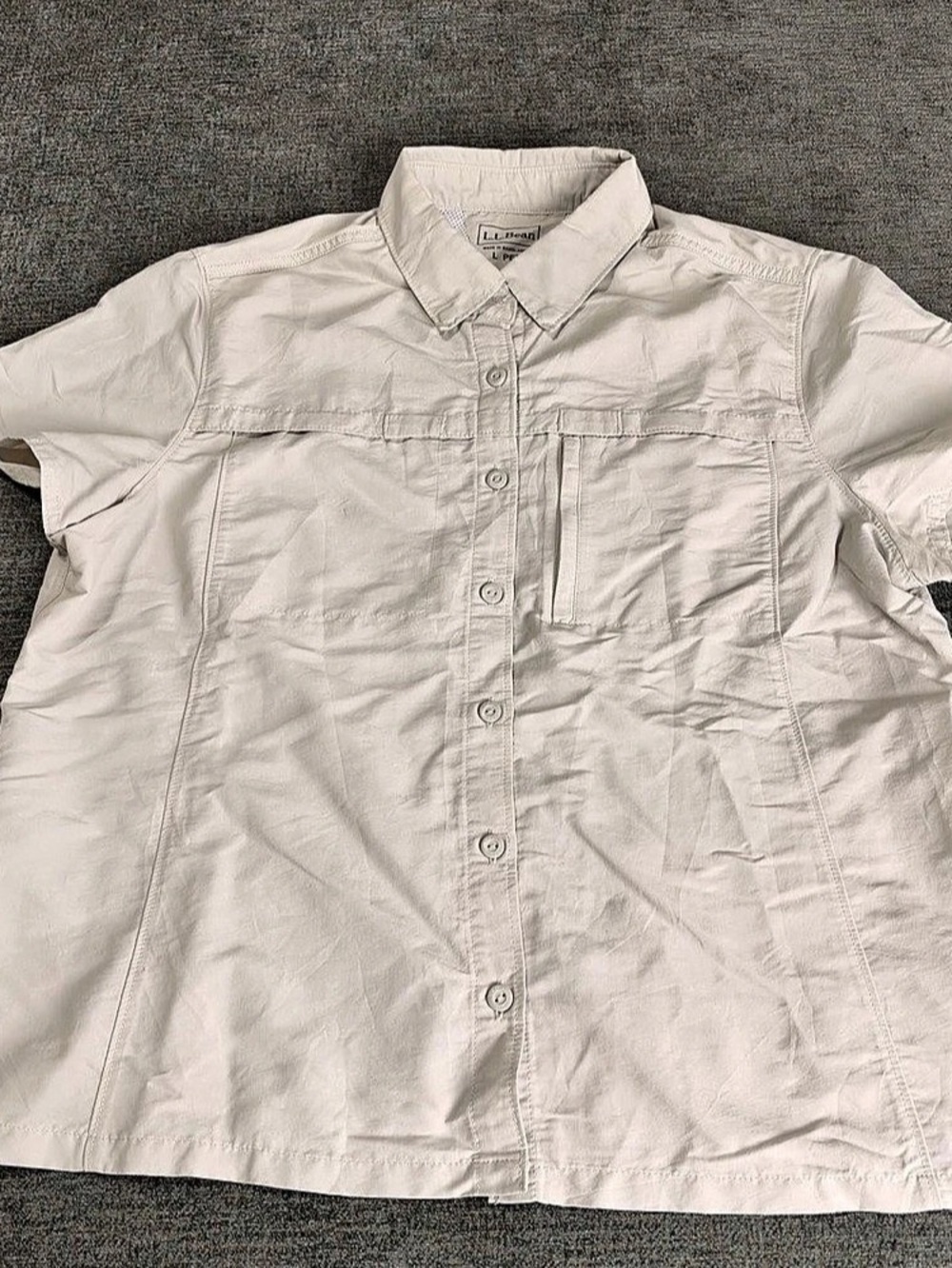 LL Bean Greige Vented Short Sleeved Button Up Shirt Large Petite Hiking Outdoor